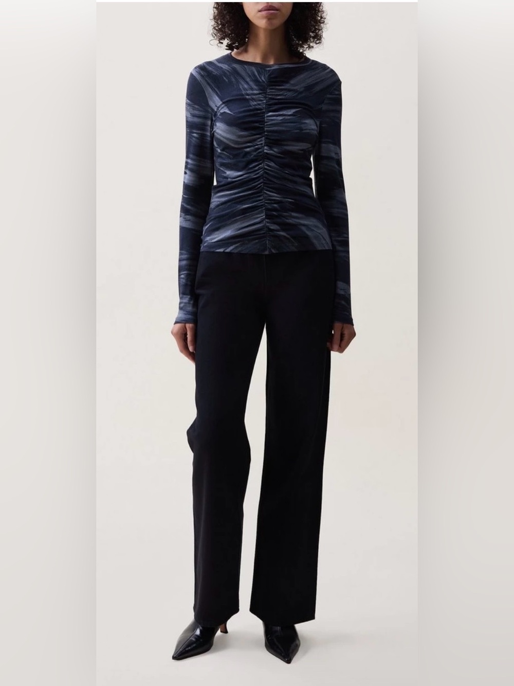 Rag & Bone Lucy Shirred Top Medium Navy Blue Gray Abstract Print Ruched